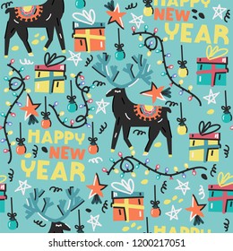 Seamless vector pattern "Happy new year". Festive cartoon background.