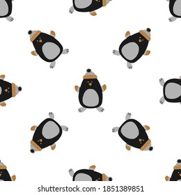 Seamless vector pattern Happy New Year and Merry Christmas in the style of Scandinavian simple hand drawing. Traditional holiday cute penguin. Ornament for print, wrap, textile, fabric.