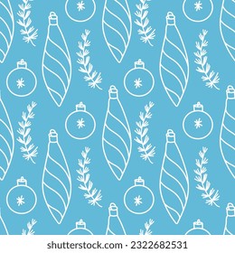 Seamless vector pattern. Happy New Year, Merry Christmas. Christmas toys, fir branches, balls in doodle style on a blue background. Design for wrapping paper.