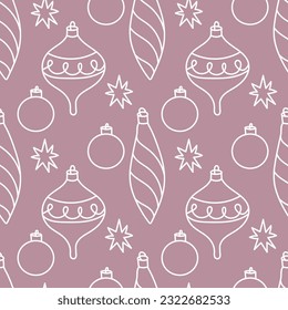 Seamless vector pattern. Happy New Year, Merry Christmas. Vintage Christmas decorations in doodle style on a dusty pink background. Design for wrapping paper, backgrounds, wallpapers.