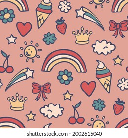 Seamless vector  pattern with happy rainbow fun on pink background. Simple hand drawn summer wallpaper design. Decorative baby fashion textile.