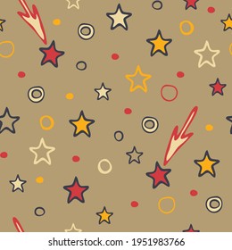 Patrón vectorial impecable con estrellas felices sobre fondo beige. Diseño de fondo de pantalla de celebración de fiestas. Tejido decorativo estelar textil de moda.