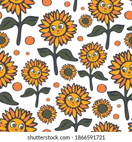 Seamless vector pattern with happy sunflowers on white background. Cartoon floral wallpaper design for children. Flower meadow fashion textile.