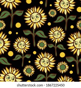 Seamless vector pattern with happy sunflowers on black background. Cute cartoon floral wallpaper design for children. Summer meadow fashion textile.