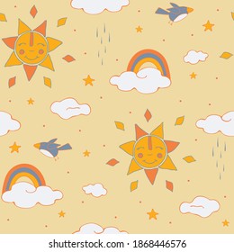 Seamless vector pattern with happy suns and rainbows on pink background. Cute sky wallpaper design for children. Baby shower fashion textile.