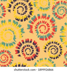 Seamless vector pattern with happy tie dye spiral on light pink background. Artistic summer swirl wallpaper design. Calm relax fashion textile boho style.