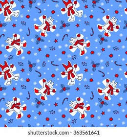 Seamless vector pattern with happy white babbits, stars, sweet canes, snowflakes, berries.
