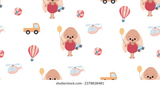 Seamless vector pattern with a hare and children's toys. Print cars, helicopters and a hot air balloon. Printing for printing on fabric and paper.