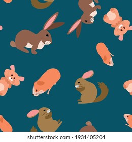 Seamless vector pattern with hares, chinchilla and guinea pig on a dark green background. Background for textiles, covers, screensavers, children is bed linen.