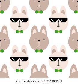 Seamless vector pattern with hares in pixel glasses on white background. Cute cartoon. Can be used for wallpaper, textile, invitation card, wrapping, web page background.