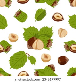 Seamless vector pattern with haselnuts. Half nuts, whole kernel in shell, leaves isolated on white background. Simple design for wrapping paper, wallpaper, textile