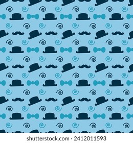 Seamless vector pattern with hat, tie and mustache. Decorative flat masquerade elements. Gentleman hipster fashionable vintage accessories on blue background