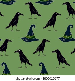 Seamless vector pattern with hats and crows on a green background. Design for textiles, Wallpaper, packaging, wrapping paper. Halloween party.