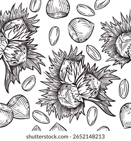 Seamless vector pattern. Hazelnut, hazelnut with leaves and nut without shell. All objects are hand-drawn with ink. For printing on kitchen textiles. tableware, label design, packaging. Vector