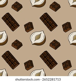 Padrão de vetor sem emenda de avelãs e barras de chocolate em um estilo desenhado à mão, apresentando um fundo marrom claro único para um design doce e delicioso.