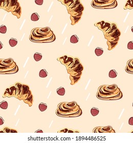 Seamless vector pattern with hazelnuts, croissants and cinnamon buns. Cute food illustration.
