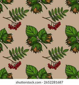 Seamless vector pattern of hazelnuts, rowan berries and leaves, perfect for autumn-themed designs, featuring detailed botanical illustrations and a muted beige background.