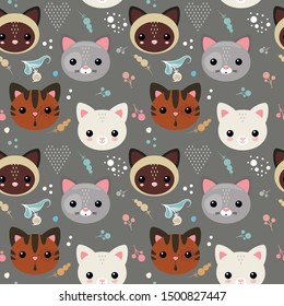 Seamless vector pattern with a head of cute kitty