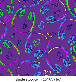 Seamless vector pattern with headphones, notes and hearts.