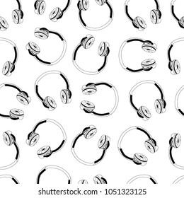Seamless vector pattern with headphones on white background.