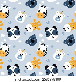 Seamless vector pattern with heads of cute jungle animals, bear, panda, giraffe, koala and cloud of leaves. Perfect for textiles, wallpaper or print designs.