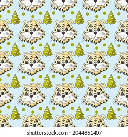 Seamless vector pattern with the heads of tigers in Christmas hats, Christmas trees. 2022. Can be used for fabric, packaging, wrapping and etc