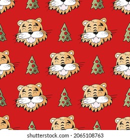 Seamless vector pattern with the heads of tigers in Christmas hats, Christmas trees. 2022. Can be used for fabric, packaging, wrapping paper, textile and etc