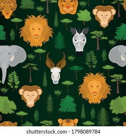 Seamless vector pattern with heads of wild beasts on a dark green background