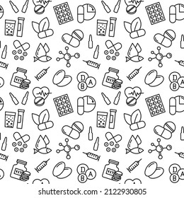 Patrón vectorial sin foco con suplemento alimenticio saludable - vitamina, suplemento mineral, píldora. Para tela, papel, envoltura, textil, póster, scrapbooking, fondo o fondo, para sitio web o aplicación móvil.