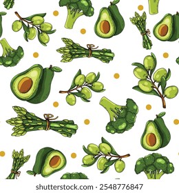 Seamless vector pattern. Healthy food on an isolated white background. Bright drawings for wallpaper and textiles. Avocado, olives, artichoke, broccoli.