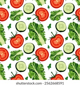 Seamless vector pattern of healthy food. Tomatoes, lettuce, cucumbers on white background