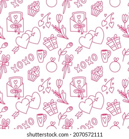 Seamless vector pattern with heart, gift box, candy, key, rose, flowers, ring, envelope with a letter, cupcake in doodle style. Background for Valentine's Day.