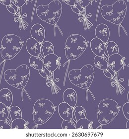 Seamless vector pattern with heart and round balloons decorated with bows on a purple background. Celebration and romance concept in a playful hand drawn design