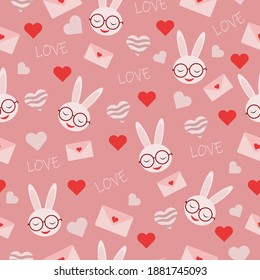 seamless vector pattern with heart shapes pink envelope with rabbit in glasses and inscription love for valentines day holiday