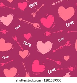 Seamless vector pattern with hearts, arrows. Valentines day design Valentines day design. wrapping paper, wallpaper, print, textile. pink. doodle.