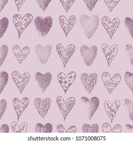 Seamless vector pattern with hearts. Background with hand drawn ornamental symbols. Template for wrapping, decor, surface, cards, textile, print. Repeat ornament. Series of Love Patterns
