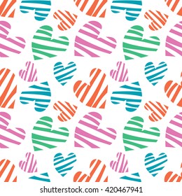 Seamless vector pattern with hearts. Background with colorful hand drawn ornamental symbols. Decorative repeating ornament. Series of Love Seamless Patterns.