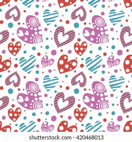 Seamless vector pattern with hearts. Background with different colorful hand drawn ornamental symbols and dots on the white. Decorative repeating ornament. Series of Love Seamless Patterns.
