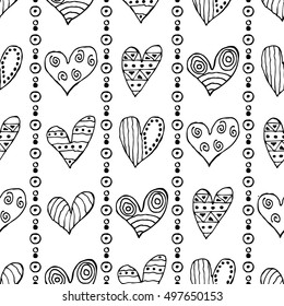 Seamless vector pattern with hearts. Background with hand drawn ornamental symbols and decorative elements. Decorative repeating ornament. Graphic illustration.Series of Love vector Seamless Patterns.