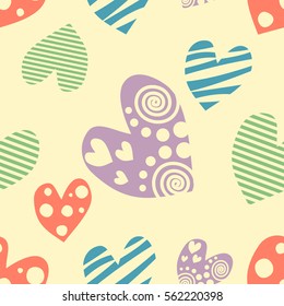 Seamless vector pattern with hearts. Background with hand drawn symbols. Template for wrapping, decor, surface, cards, backgrounds, textile, print. Decorative repeat ornament. Series of Love Patterns