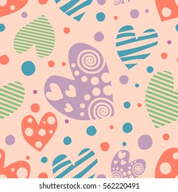 Seamless vector pattern with hearts. Background with hand drawn symbols. Template for wrapping, decor, surface, cards, backgrounds, textile, print. Decorative repeat ornament. Series of Love Patterns