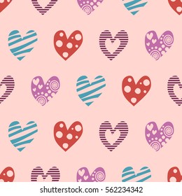 Seamless vector pattern with hearts. Background with hand drawn ornamental symbols. Template for wrapping, decor, surface, cards, backgrounds, textile, print. Decorative repeat ornament