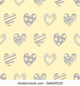 Seamless vector pattern with hearts. Background with hand drawn ornamental symbols. Template for wrapping, decor, surface, cards, backgrounds, textile, print. Decorative repeat ornament.