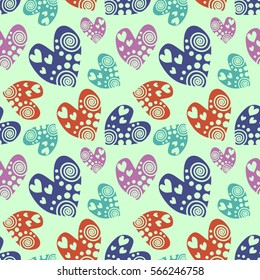 Seamless vector pattern with hearts. Background with hand drawn ornamental symbols. Template for wrapping, decor, surface, cards, backgrounds, textile, print. Repeat ornament. Series of Love Patterns