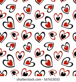 Seamless vector pattern with hearts. Background with hand drawn ornamental symbols. Template for wrapping, decor, surface, cards, backgrounds, textile, print. Repeat ornament. Series of Love Patterns