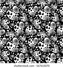 Seamless vector pattern with hearts. Background with hand drawn ornamental symbols. Template for wrapping, decor, surface, cards, backgrounds, textile, print. Repeat ornament. Series of Love Patterns