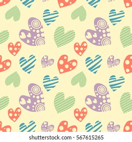 Seamless vector pattern with hearts. Background with hand drawn ornamental symbols. Template for wrapping, decor, surface, cards, backgrounds, textile, print. Repeat ornament. Series of Love Patterns
