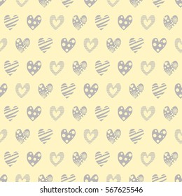 Seamless vector pattern with hearts. Background with hand drawn ornamental symbols. Template for wrapping, decor, surface, cards, backgrounds, textile, print. Repeat ornament. Series of Love Patterns.