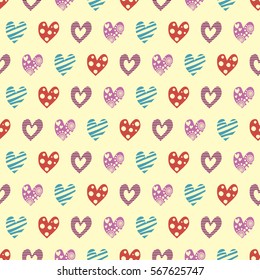 Seamless vector pattern with hearts. Background with hand drawn ornamental symbols. Template for wrapping, decor, surface, cards, backgrounds, textile, print. Repeat ornament. Series of Love Patterns.