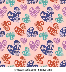 Seamless vector pattern with hearts. Background with hand drawn ornamental symbols. Template for wrapping, decor, surface, cards, backgrounds, textile, print. Repeat ornament. Series of Love Patterns